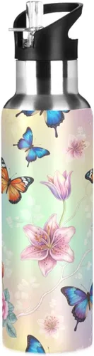 BPA-Free Sport Water Bottle Insulated 32 Oz, Insulated Stainless Steel Water Bottle with Straw for Gym Outdoor Travel School, Colorful Butterflies