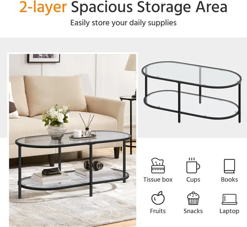 Miniatura 8 de Yaheetech Mesa de centro de cristal, pequeña mesa central negra con estante de almacenamiento para sala de estar, espacio pequeño, apartamento