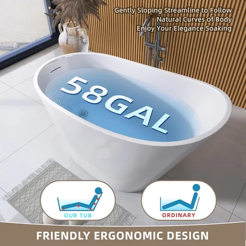 Miniatura 6 de GETPRO Bañera independiente de 51 pulgadas de profundidad, bañera independiente de acrílico de forma ovalada con desbordamiento ranurado integrado