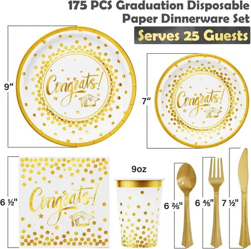Miniatura 2 de Decoraciones de graduación 2026-175 piezas, juego de vajilla desechable de oro blanco, suministros de fiesta de graduación con platos de papel, A3.