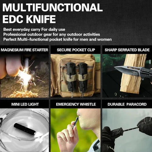 Miniatura 7 de XIPHIAS Cuchillo plegable de supervivencia - Multiherramienta de acero inoxidable con luz LED, iniciador de fuego, silbato y paracord, clip