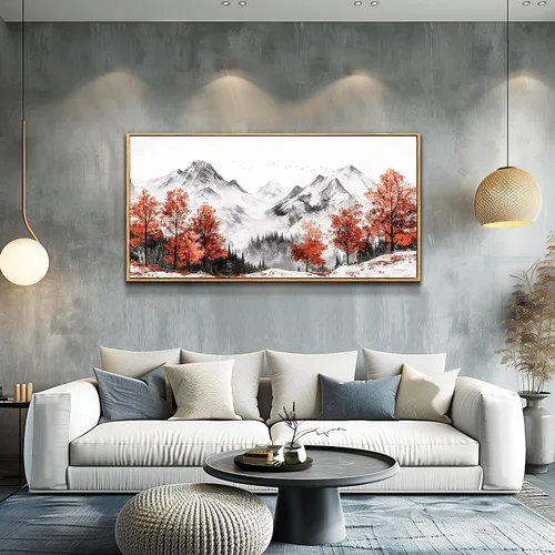 Miniatura 4 de PHAOHUAXM Lienzo decorativo de pared para sala de estar, decoración de pared grande para dormitorio, árbol rojo, tinta, paisaje de montaña, pintura