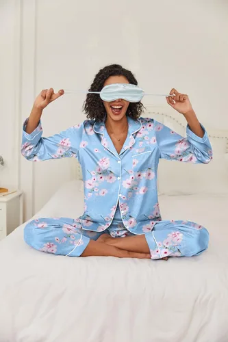 Miniatura 4 de Ekouaer - Conjunto de pijama clásico de seda satinada, con botones, para mujer