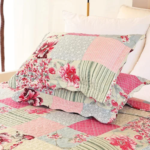 Miniatura 5 de Cmfshape - Juego de edredón de verano floral King acolchado, juego de edredón rosa romántico King, juego de ropa de cama reversible cosido para Rosa