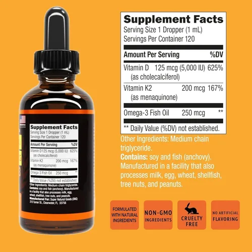 Miniatura 6 de Vitamina D3 K2 Gotas líquidas 5000 UI (4 oz) Máxima Fuerza Vitamina D, K, Aceite MCT y Omega 3 Hueso, Corazón, Articulación, Suplemento de Apoyo