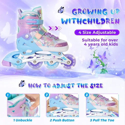 Miniatura 2 de MammyGol Patines en línea para niñas y niños, 4 tamaños ajustables, patines de mariposa con ruedas intermitentes de colores vibrantes, patines