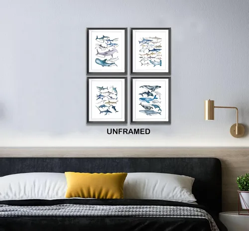 Miniatura 4 de Póster de acuarela de tiburones rústicos ballenas y animales del océano azul para el hogar, casa costera, dormitorio, guardería, decoración