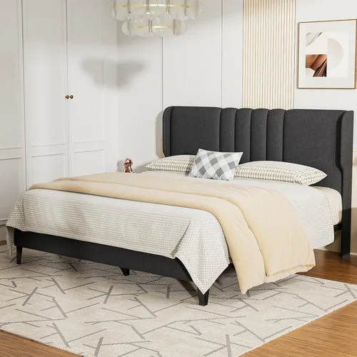 Miniatura 17 de GTPLAYER Base de cama de tamaño matrimonial, base de cama tapizada con cabecera alta con respaldo de alas, tela de terciopelo suave, no necesita