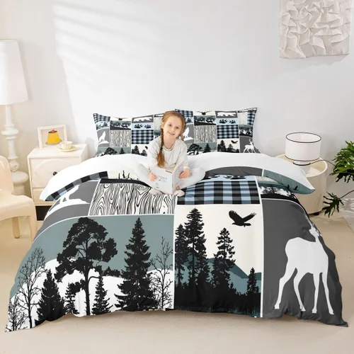 Miniatura 37 de Juego de funda de edredón para niños de ciervo, oso, lobo, tamaño individual, juego de ropa de cama de cabaña de aventura para niños, niñas