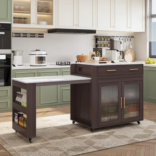 HLR Isla de Cocina con Mesa de Comedor Extensible, Isla de Cocina con Encimera de Grano de Mármol y Enchufe Eléctrico, Carrito de Almacenamiento con