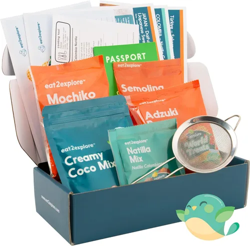 eat2explore Kit de horneado de postres reales para familias | Incluye 3 tarjetas de recetas de Japón, Turquía y Columbia con ingredientes clave,