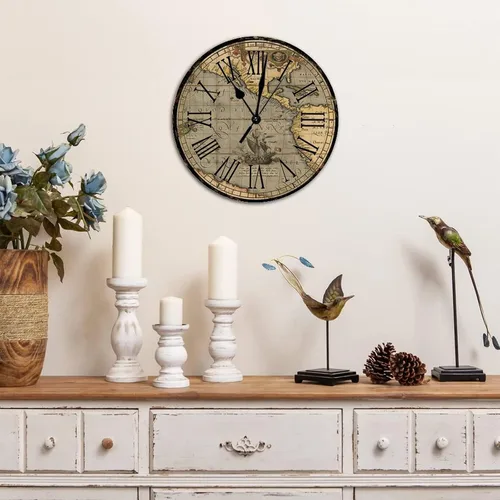 Miniatura 3 de Reloj de pared redondo de madera de estilo rústico, mapa del mundo retro, números romanos, reloj de madera, funciona con pilas, silencioso, sin