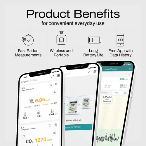 Miniatura 5 de Radon One - Detector de radón rápido para el hogar con respuesta de 10 minutos, pantalla de tinta electrónica, alimentado por batería, monitor