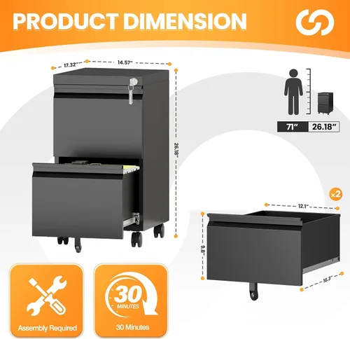 Miniatura 3 de Gabinete archivador de 2 cajones, gabinetes archivadores móviles totalmente montados con cerradura, gabinete archivador de metal rodante con ruedas