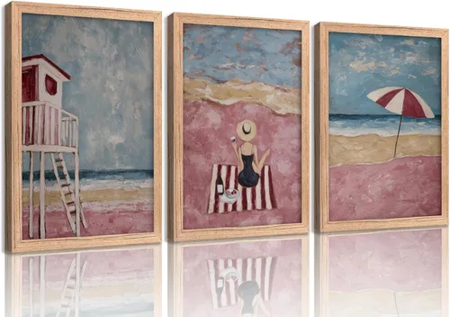 Arte de pared de playa rosa preparada, póster estético para habitación de nieta costera, decoración de pared, pintura de verano de niña costera,