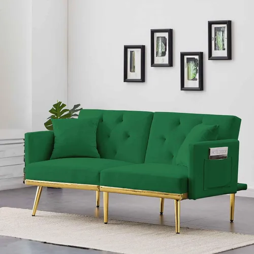 Miniatura 6 de Sofá cama futón convertible de 59 pulgadas, sofá decorativo, moderno sofá de tela de terciopelo con patas de metal y bolsillos de almacenamiento