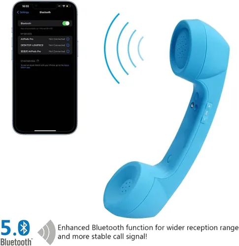 Auricular de teléfono retro con Bluetooth inalámbrico y USB, a prueba de radiación para teléfonos celulares, cómodo para llamadas Azul