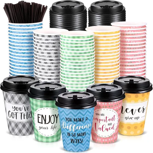 Miniatura 8 de Gerrii Paquete de 100 Tazas de Café Desechables con Tapas y Pajitas, Tazas de Papel Motivacionales con 6 Frases y Diseños, Tazas Calientes