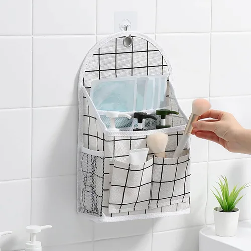 Miniatura 7 de FuninCrea Bolsa de almacenamiento para colgar en la pared, organizador de lino a cuadros blanco y negro, para montar en la pared, sin perforaciones