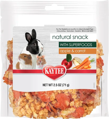 Kaytee Snack natural con superalimentos para conejillos de indias, conejos, hámsteres y otros animales pequeños, manzana y zanahoria, 2.5 onzas