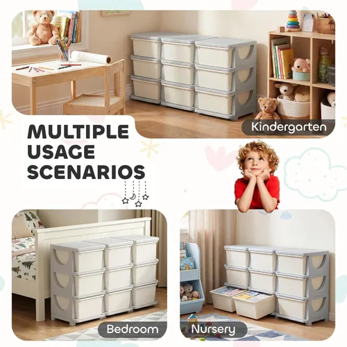 Miniatura 5 de Qaba Unidad de almacenamiento de 3 niveles para niños, organizadores de juguetes y almacenamiento con 9 cajones para dormitorio de niños, guardería