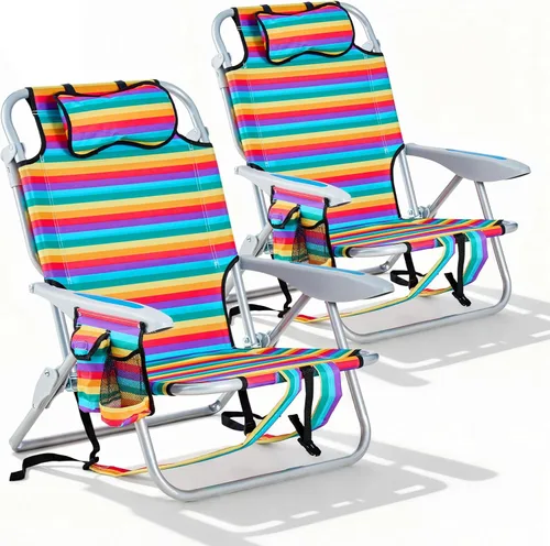 Miniatura 16 de Paquete de 2 sillas reclinables portátiles ligeras para adultos, sillas de playa plegables planas al aire libre con 5 posiciones, silla de playa
