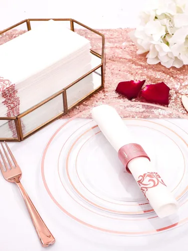 Miniatura 6 de Juego de vajilla de 350 piezas de color oro rosa de DaYammi – Incluye: 50 platos de cena de 26 cm, 50 platos de postre de 19 cm, 50 cubiertos de oro