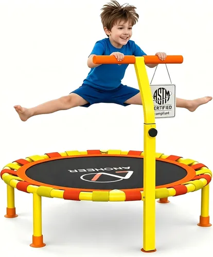 ANCHEER Trampolín infantil de 38 pulgadas, mini trampolín de capacidad de 150 libras para niños de 1 a 6 años, mango ajustable, plegable y fácil de