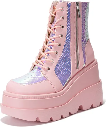 Cape Robbin Botines de plataforma holográficos para mujeres, tacones gruesos en bloque, punta puntiaguda, cuero PU con correa de hebilla, estilo