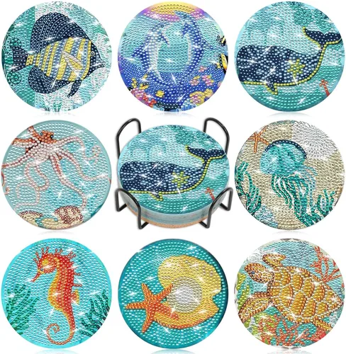 Miniatura 9 de Billbotk Juego de 8 posavasos de pintura de diamantes con soporte, posavasos de arte de diamante, artes y manualidades para adultos, pequeños kits