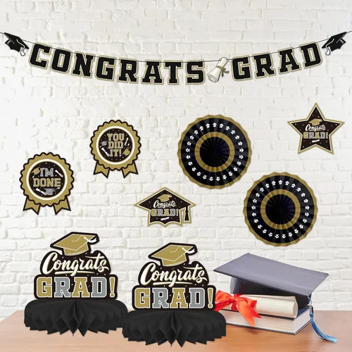 Miniatura 7 de Juego de decoraciones de graduación 2026 con temática negra y dorada, pancarta de felicitaciones, telón de fondo, globos y serpentinas, suministros