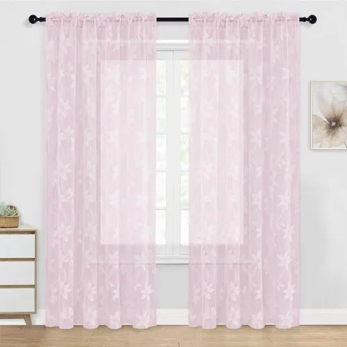 Miniatura 57 de DWCN Paquete de 2 cenefas de encaje floral para cocina, 52 x 18 pulgadas, con bolsillo para barra, cortina de gasa para ventana pequeña, cocina
