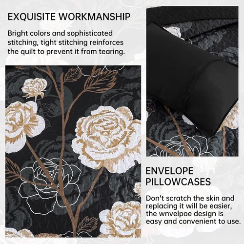 Miniatura 6 de Anibedding Juego de edredón floral tamaño Queen, elegante colcha cubrecama negra con estampado floral de 3 piezas, juego de ropa de cama