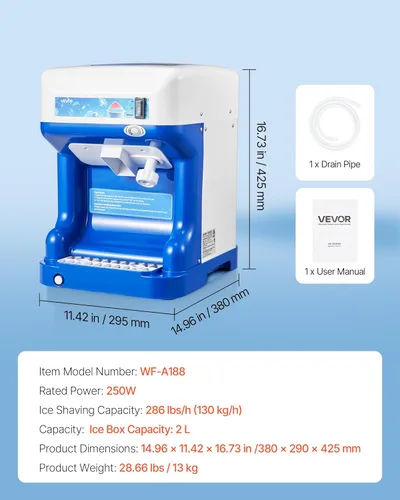 Miniatura 7 de VEVOR Trituradora de hielo comercial, máquina eléctrica de cono de nieve de 286 libras por hora con caja de cubitos de hielo de 2 L, máquina de Azul