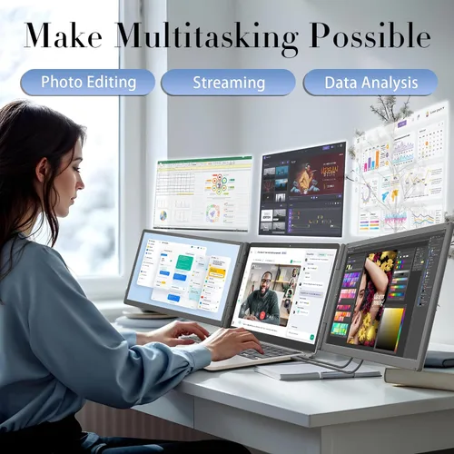 Miniatura 8 de Teamgee Extensor de pantalla para laptop de 15.6 pulgadas con banco de energía, monitor triple FHD 1080P IPS, pantalla HDMI/USB/Hub Plug-Play, se