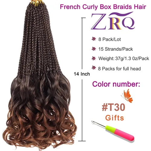 Miniatura 2 de ZRQ 8 paquetes de trenzas de ganchillo rizadas francesas de 14 pulgadas, trenzas de caja de diosa, cabello rizado francés degradado marrón degradado