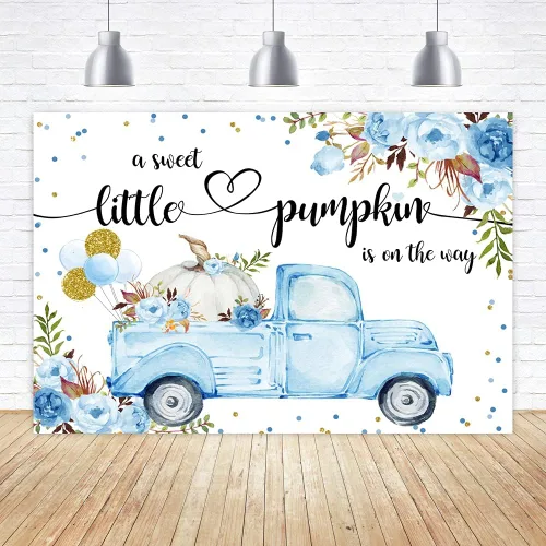 Telón de fondo de baby shower de calabaza pequeña de 6 x 4 pies, con texto en inglés "A Little Sweet Pumpkin is On The Way", globos florales azules