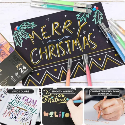 Miniatura 4 de ZSCM Bolígrafos de gel acrílico 3D de 24 colores y cuaderno de bocetos de papel negro para dibujo, bolígrafo de tinta acrílica de punta fina de 0.04