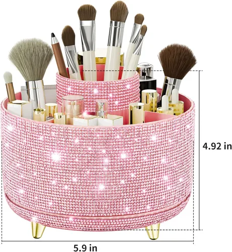 Miniatura 4 de fanado Bling Diamond - Soporte para brochas de maquillaje, organizador de maquillaje giratorio de 360°, vaso para brochas de maquillaje de 5 ranuras