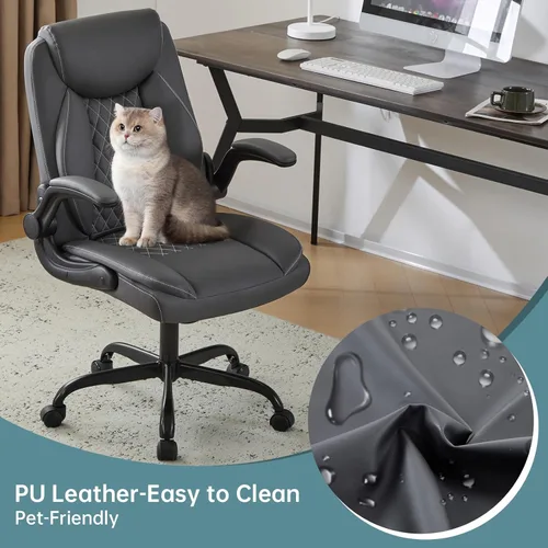 Miniatura 8 de YFO Silla de oficina de cuero, silla ergonómica de escritorio de oficina en casa, silla de oficina ejecutiva giratoria con soporte trasero con Gris