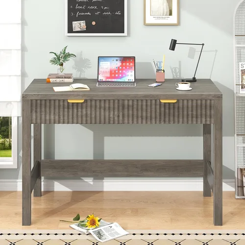 Miniatura 10 de YOMILUVE Escritorio estriado para computadora con 2 cajones, escritorio pequeño de computadora de 39 pulgadas con almacenamiento, escritorio Blanco