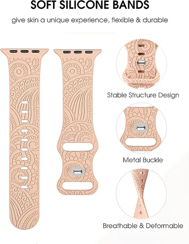 Miniatura 2 de Correa grabada floral compatible con Apple Watch Band de 1.496 pulgadas, 1.575 pulgadas, 1.614 pulgadas, mujeres, hombres y niños, correas