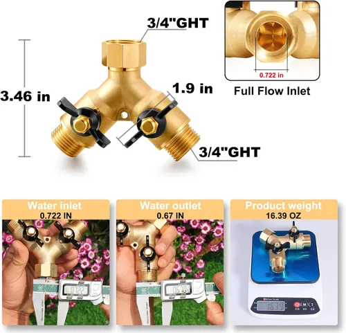 Miniatura 2 de Divisor de manguera de jardín, divisor de flujo completo, conector sin flujo restringido, manguera de latón resistente, adaptador de babero