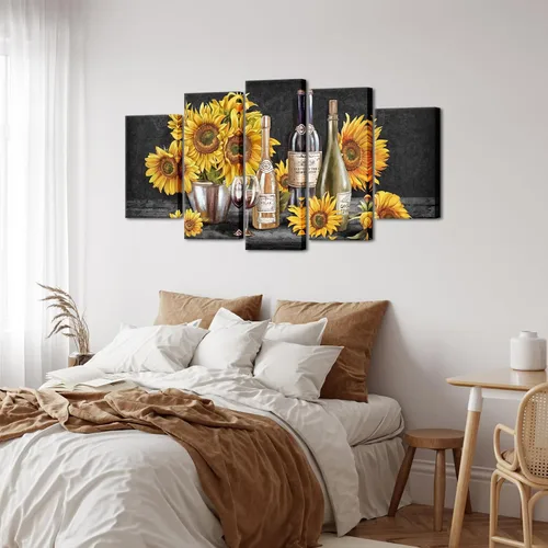 Miniatura 4 de Biuteawal Arte de pared grande de 5 paneles para cocina, pintura de girasol negro, blanco y amarillo, imágenes de vino, decoración de pared