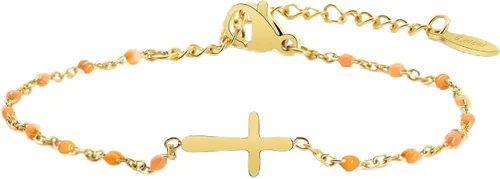 Miniatura 8 de Pulsera de Cuentas con Cruz Chapada en Oro de 14K para Mujeres, Pulsera de Acero Inoxidable Ajustable con Cruz de Fe Religiosa, Pulsera de Cadena