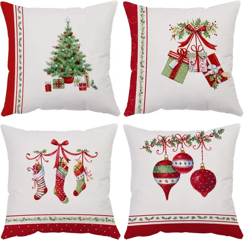 Miniatura 24 de Juego de 4 fundas de almohada de Navidad de 12 x 12 pulgadas, fundas de almohada de terciopelo de Navidad, fundas de almohada doradas y rojas