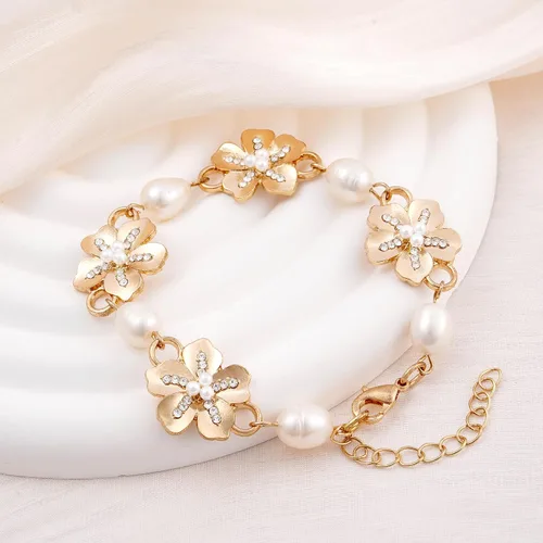 Miniatura 3 de Rosedate Pulsera de perlas para mujer, pulsera de perlas naturales, pulsera ajustable de oro, pulsera de flores doradas, pulsera de cadena delicada