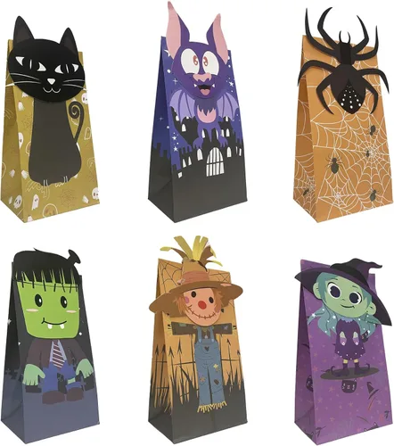 Bolsas de golosinas de Halloween – 24 bolsas de dulces con 24 calcomanías, bolsa de regalo para suministros de fiesta de niños de Halloween