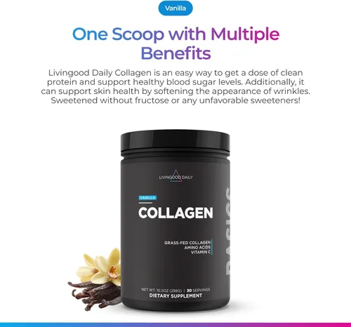 Miniatura 2 de Livingood Daily Polvo de colágeno de vainilla para mujeres y hombres, péptidos de colágeno hidrolizados en polvo con vitamina C, proteína con 20