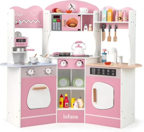INFANS Juego de cocina esquinera para niños, juego de cocina de madera para niños pequeños con luces, sonidos, lavadora, lavavajillas, Rosa claro